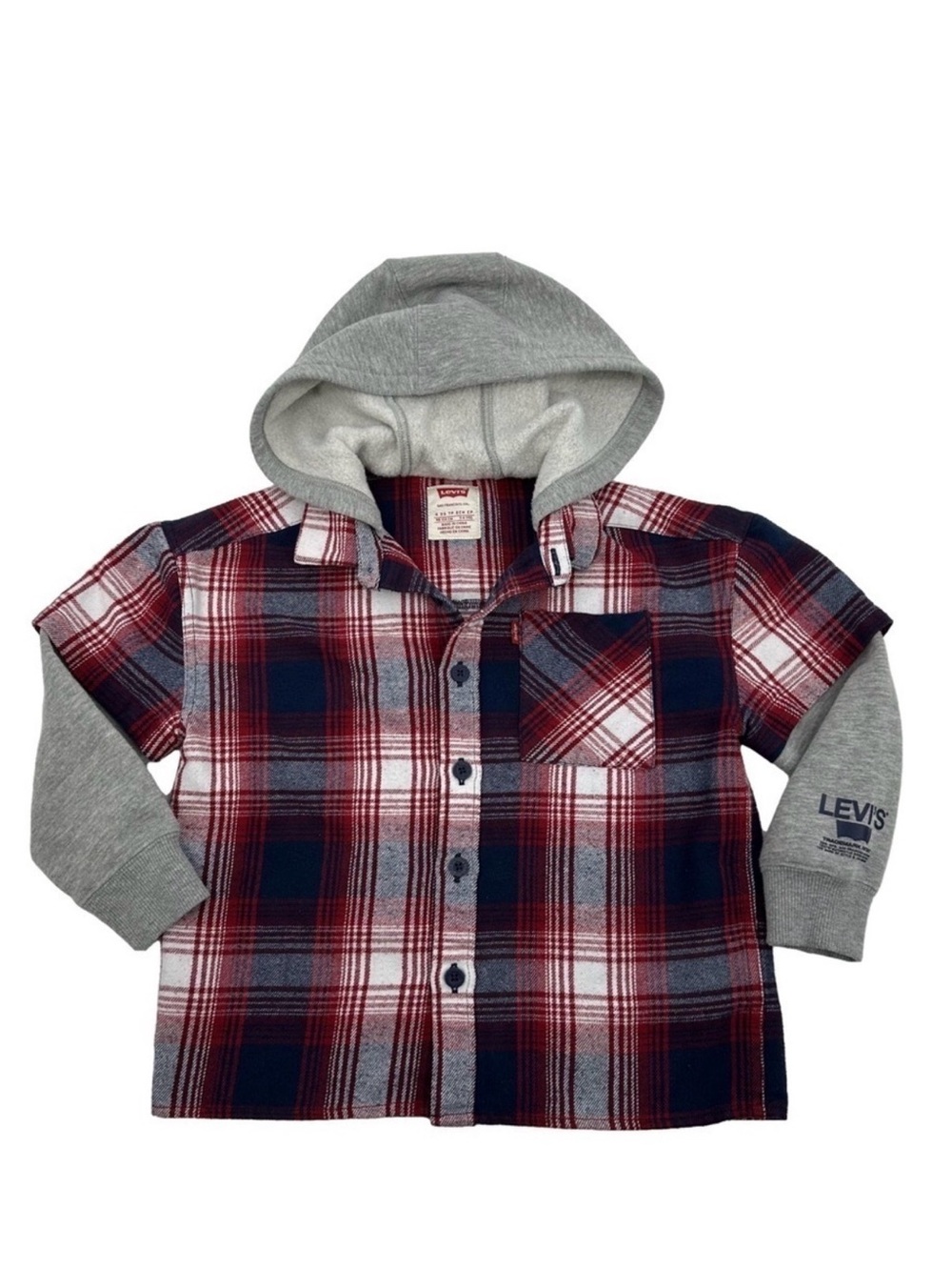 Levi’s Kids Plaid Flannel Shacket Hoodie Red Gray Navy 4 XS